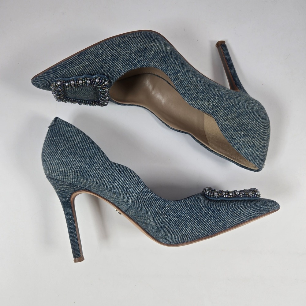 Sam Edelman Pumps Women 8 Blue Denim Beaded Buckle Hazel Stiletto Heels Pointed - Picture 6 of 9